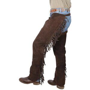 Tough-1 Western Fringe Suede Chaps Unisex Medium Brown Shotgun Style Cowboy New